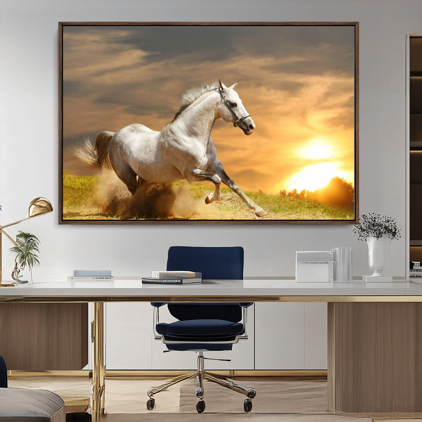 A powerful white horse galloping through the field at sunset, with the golden light illuminating its mane and the vibrant sky in the background.