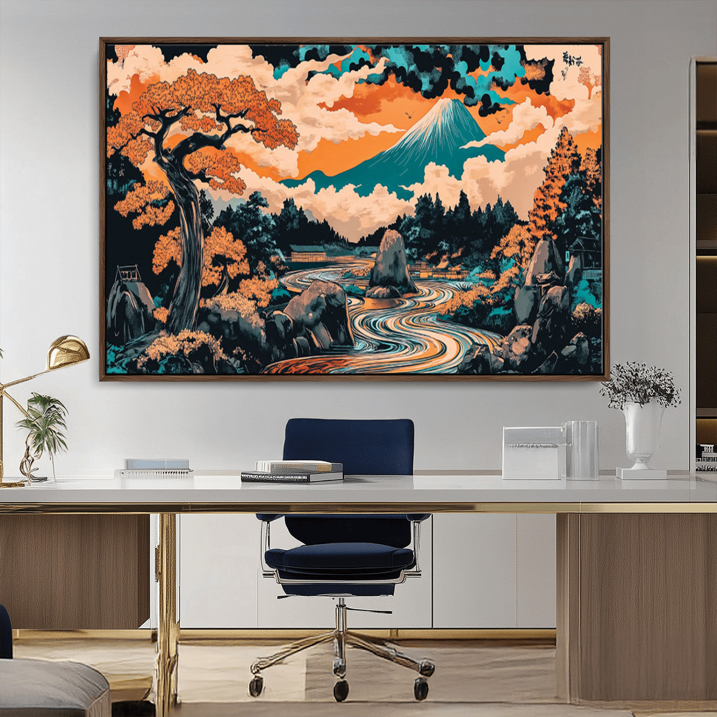 A vibrant Japanese-inspired landscape featuring Mount Fuji, a winding river, and autumn-colored trees under a dramatic sky, in bold and vivid hues.