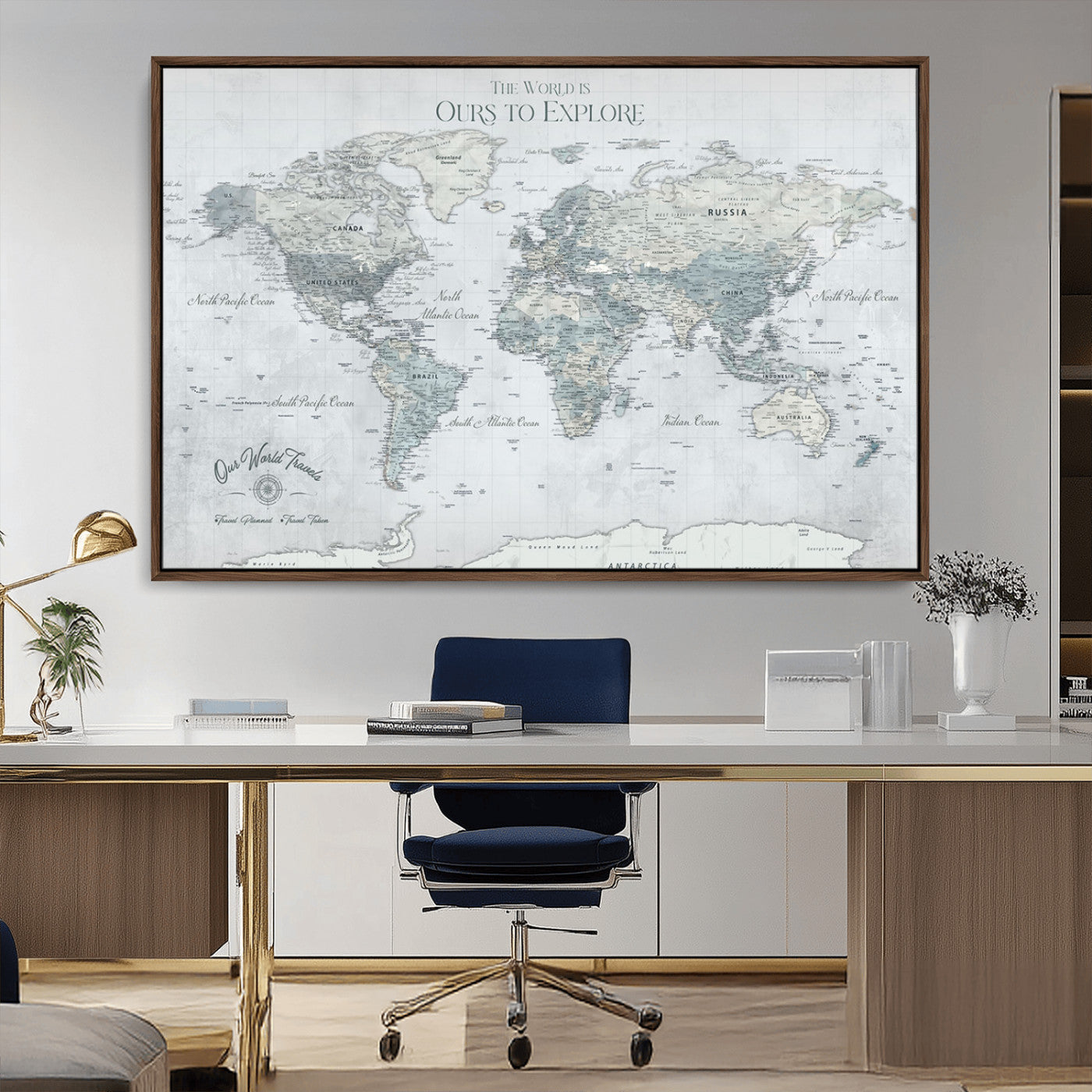Custom Push Pin World Map Wall Canvas Print – Personalized Travel Tracker with Pins – Framed Custom Quotie Canvas for Home Office Decor
