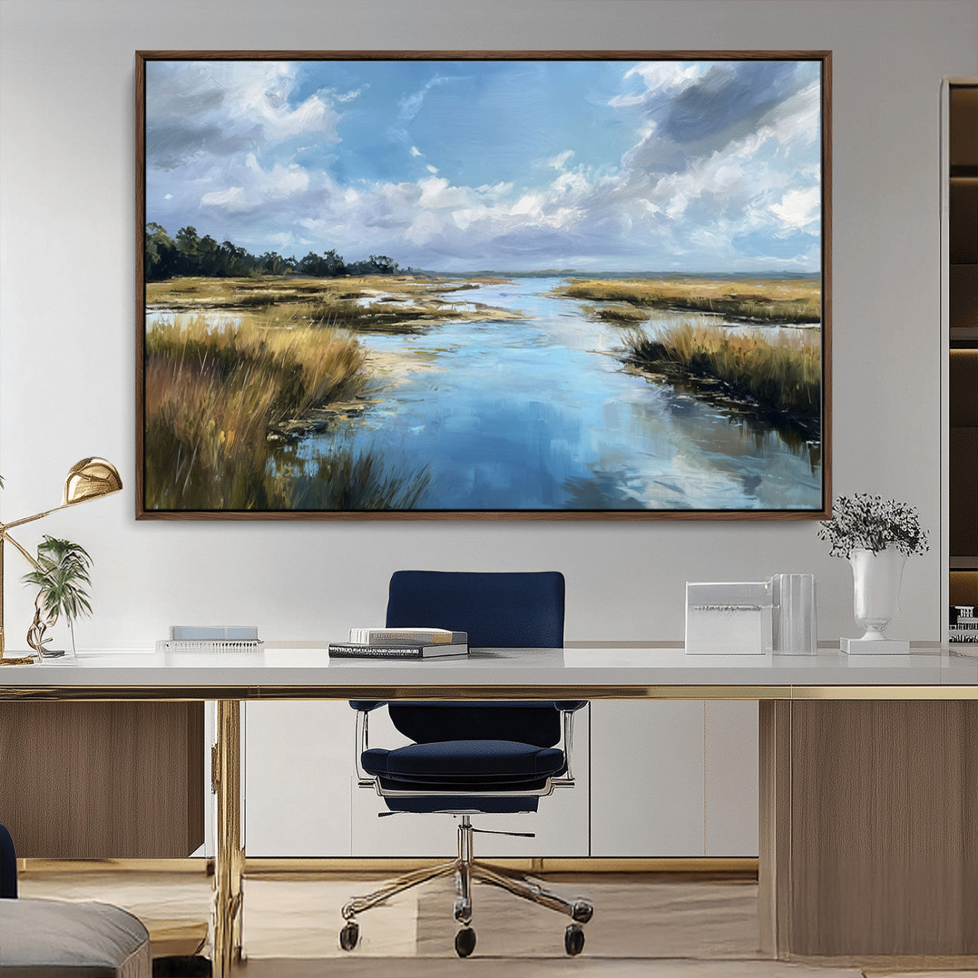A beautiful, painterly landscape of a calm river winding through a marsh, with vibrant green grasses and a bright blue sky filled with fluffy clouds.