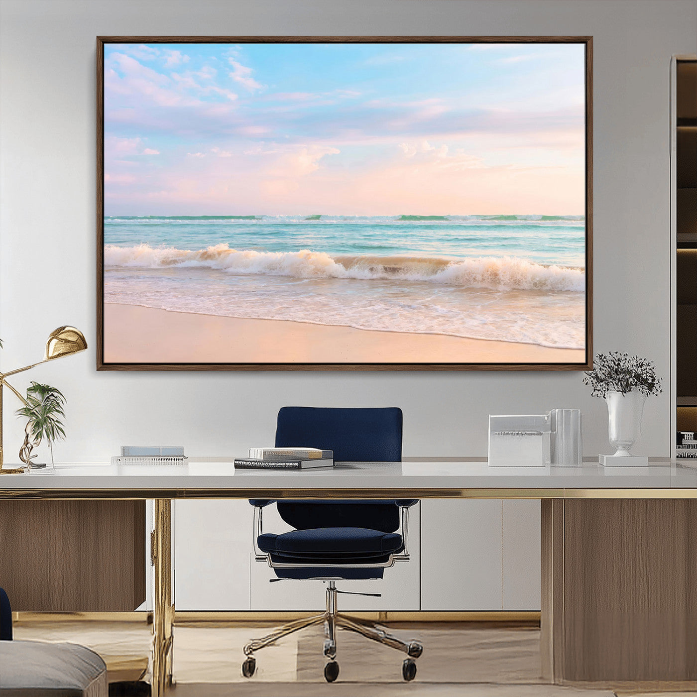 A peaceful beach scene with soft pastel skies, gentle waves washing up on the sandy shore, creating a calm and serene ocean view.