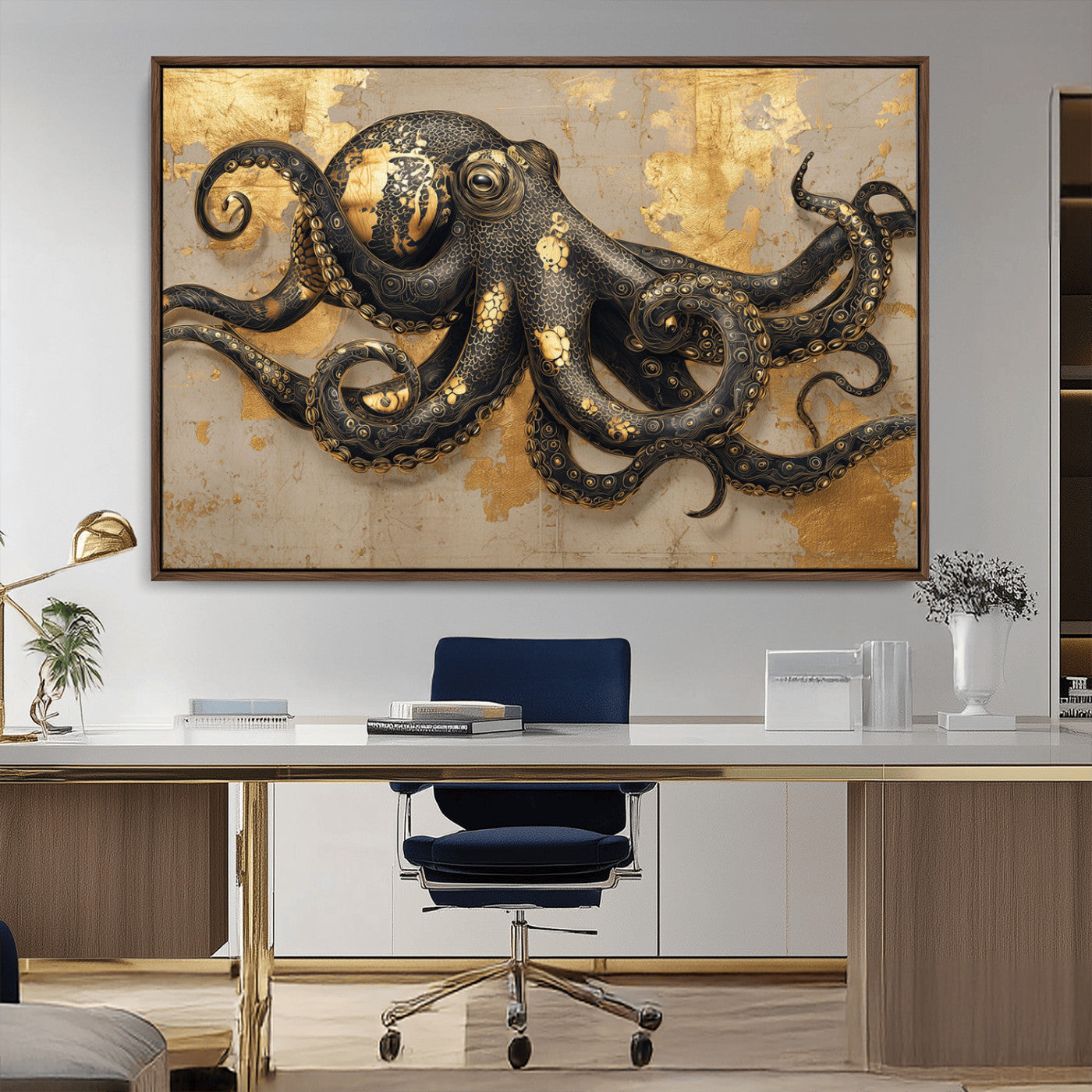 A stunning golden and black illustration of an octopus on a textured background with gold leaf accents, highlighting its intricate tentacles and unique design.