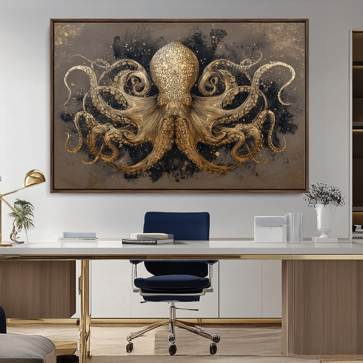 A beautifully detailed illustration of an octopus in gold ink on a textured dark background, with swirling tentacles and intricate patterns.