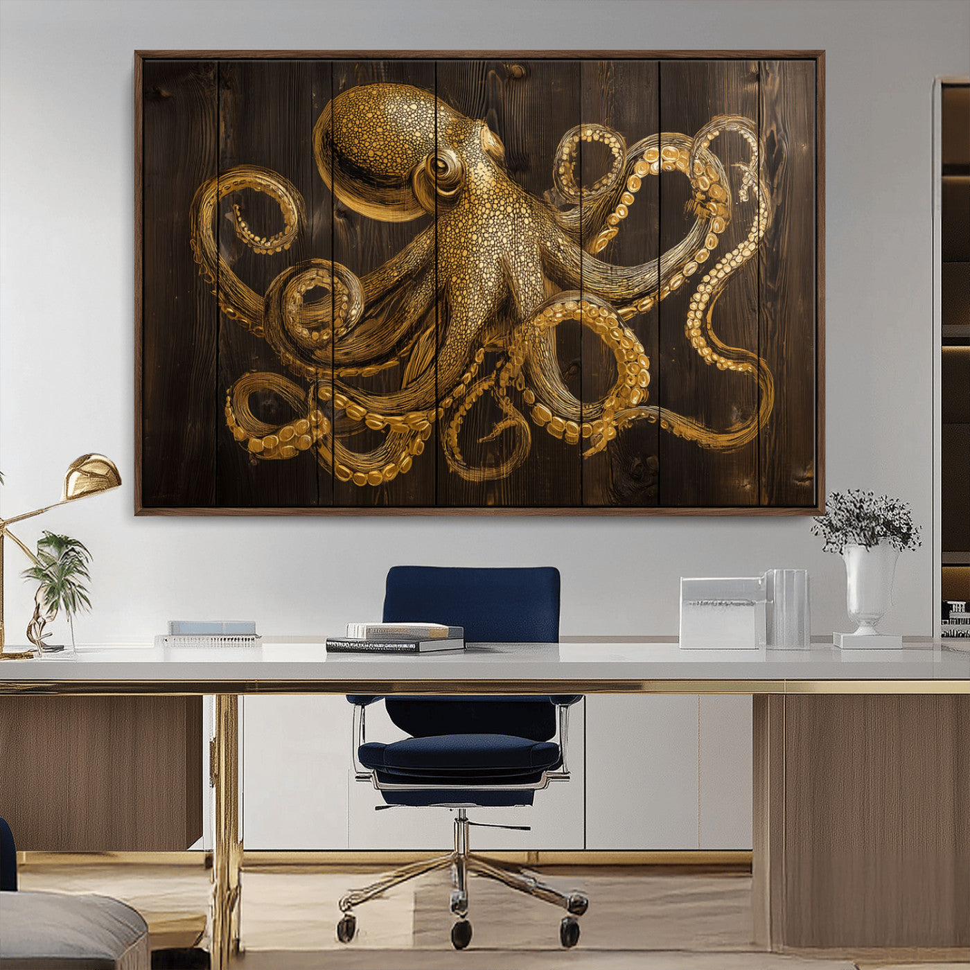 An artistic rendering of an octopus in gold ink on wooden planks, showcasing intricate details of its tentacles and textured skin.