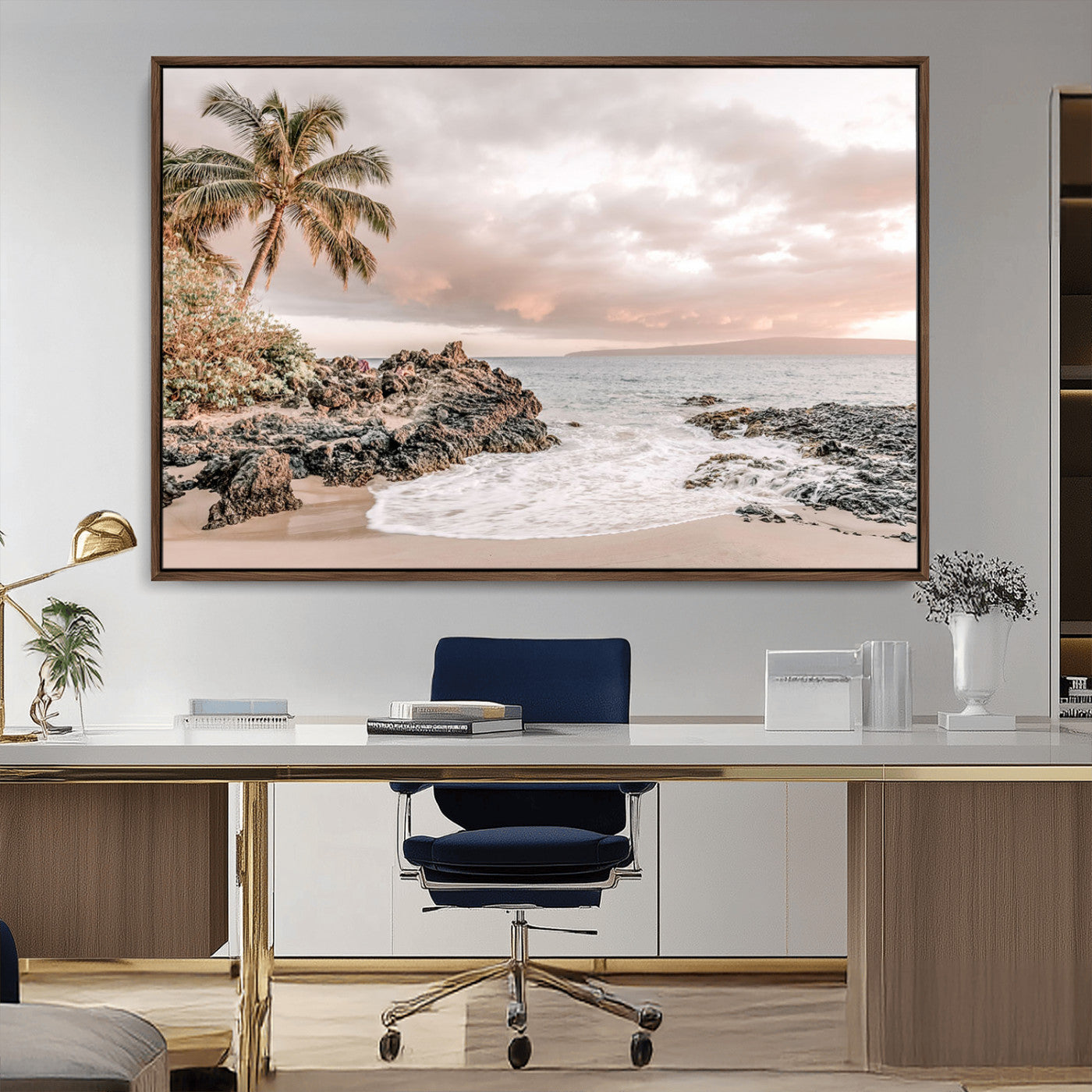 A peaceful beach scene with a palm tree and rocks, soft waves washing onto the shore under a soft pastel sky at sunset.