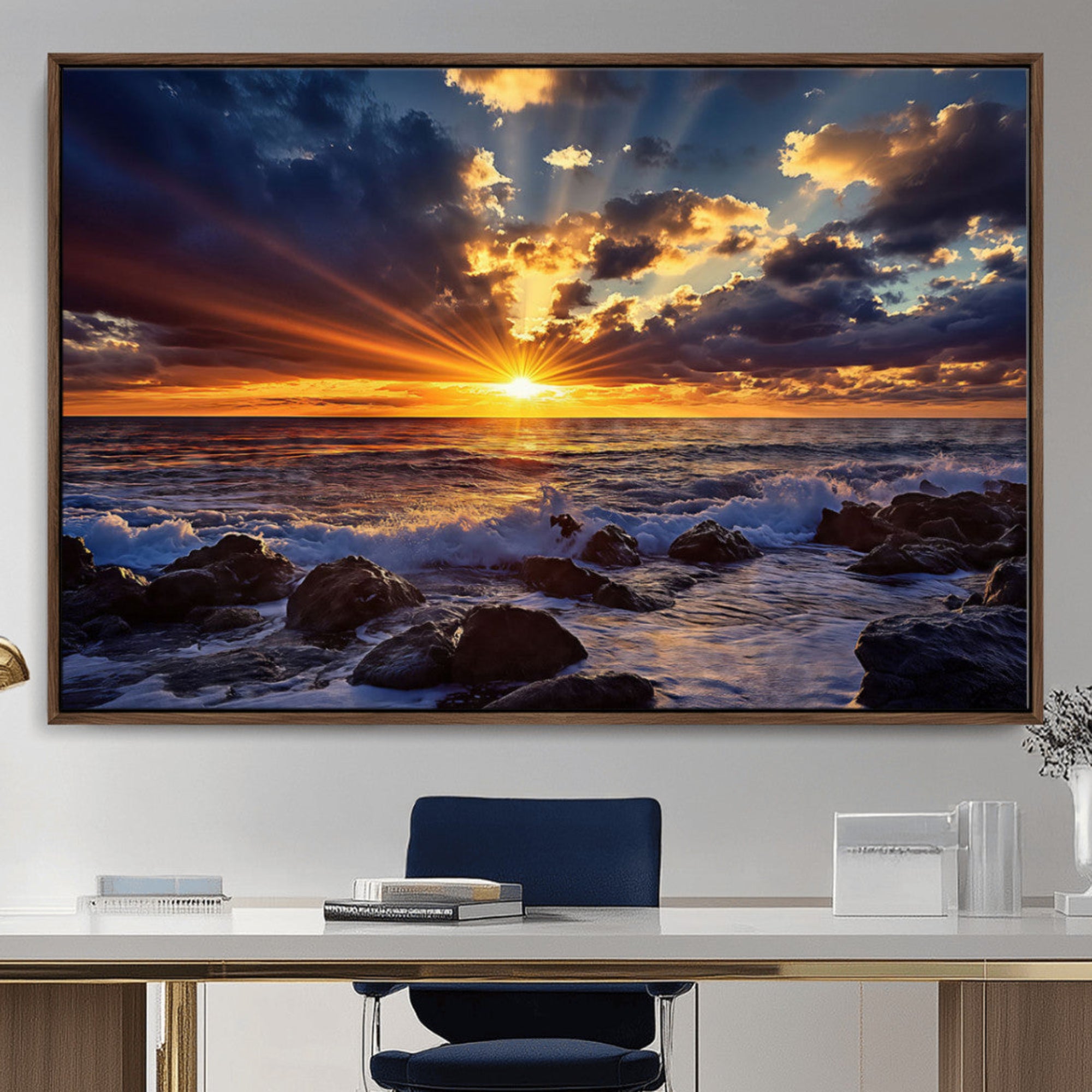 35900590-MGV-CV-36X24-Sunset Ocean Wall Art Canvas Print – Waves Rocky Shore Dramatic Sky Sun Rays Golden Light Nature Artwork for Home Office
