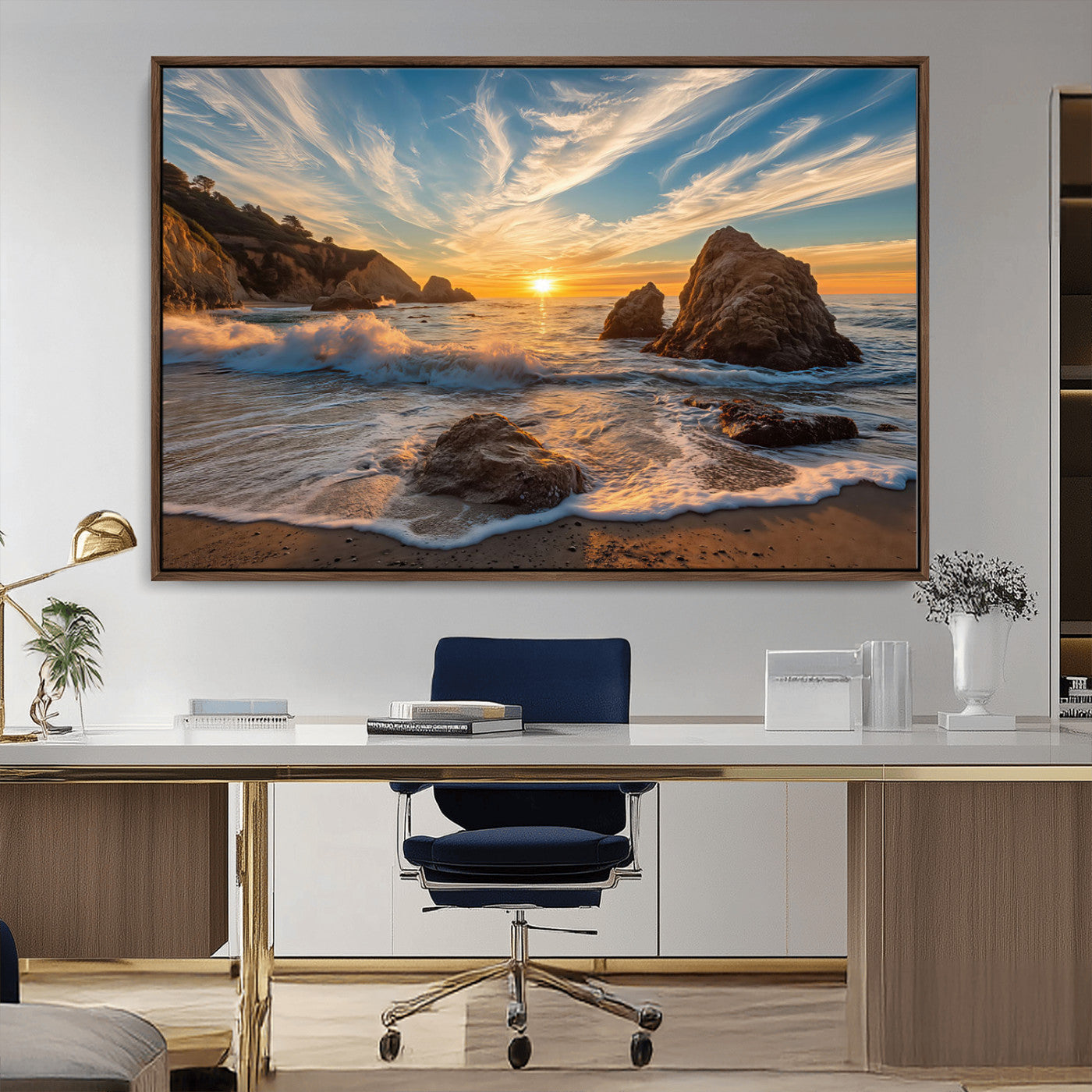 Rocky Ocean Sunset Wall Art Print, Seaside Canvas Wall Art, Dramatic Seascape Canvas Print for Coastal Modern Decor, Ocean Sunset Art Printing