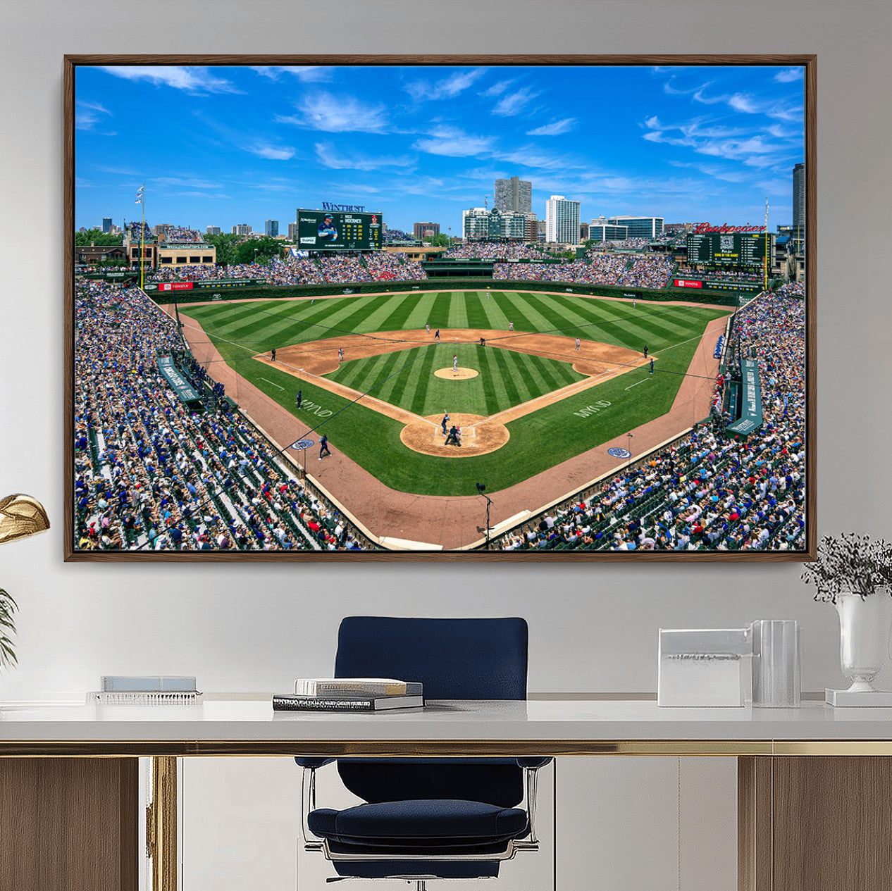35800083-MGV-FC-36X24 - Wrigley Field Baseball Stadium Canvas Wall Art – Packed Crowd Sports Stadium City Skyline Artwork for Home Office