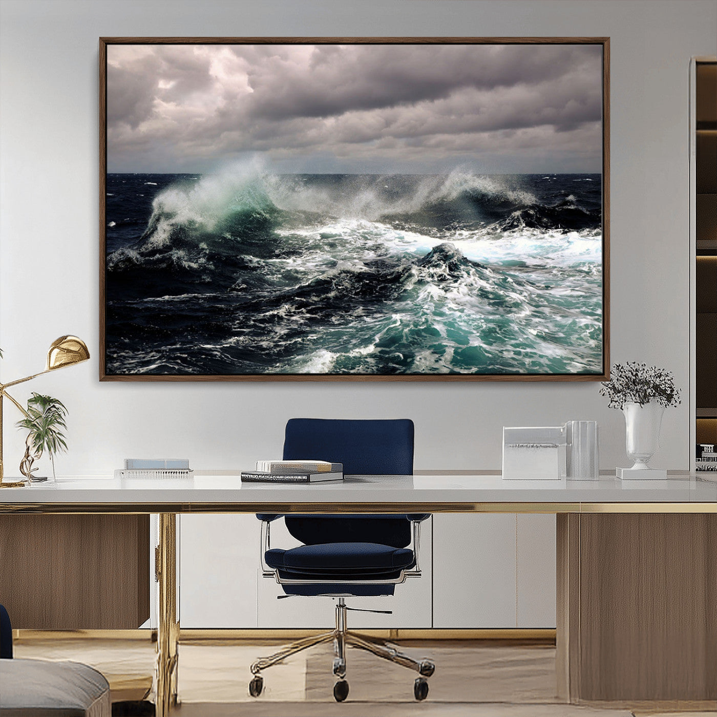 Powerful ocean waves crashing under stormy skies, creating a dynamic and intense seascape.