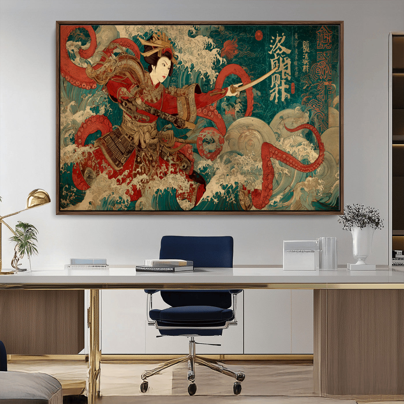 MGV-FC-36X24 - Tsukioka Yoshitoshi Samurai Wall Art Print, Japanese Katana Warrior Canvas Wall Art, Octopus Sea Monster Canvas Print,