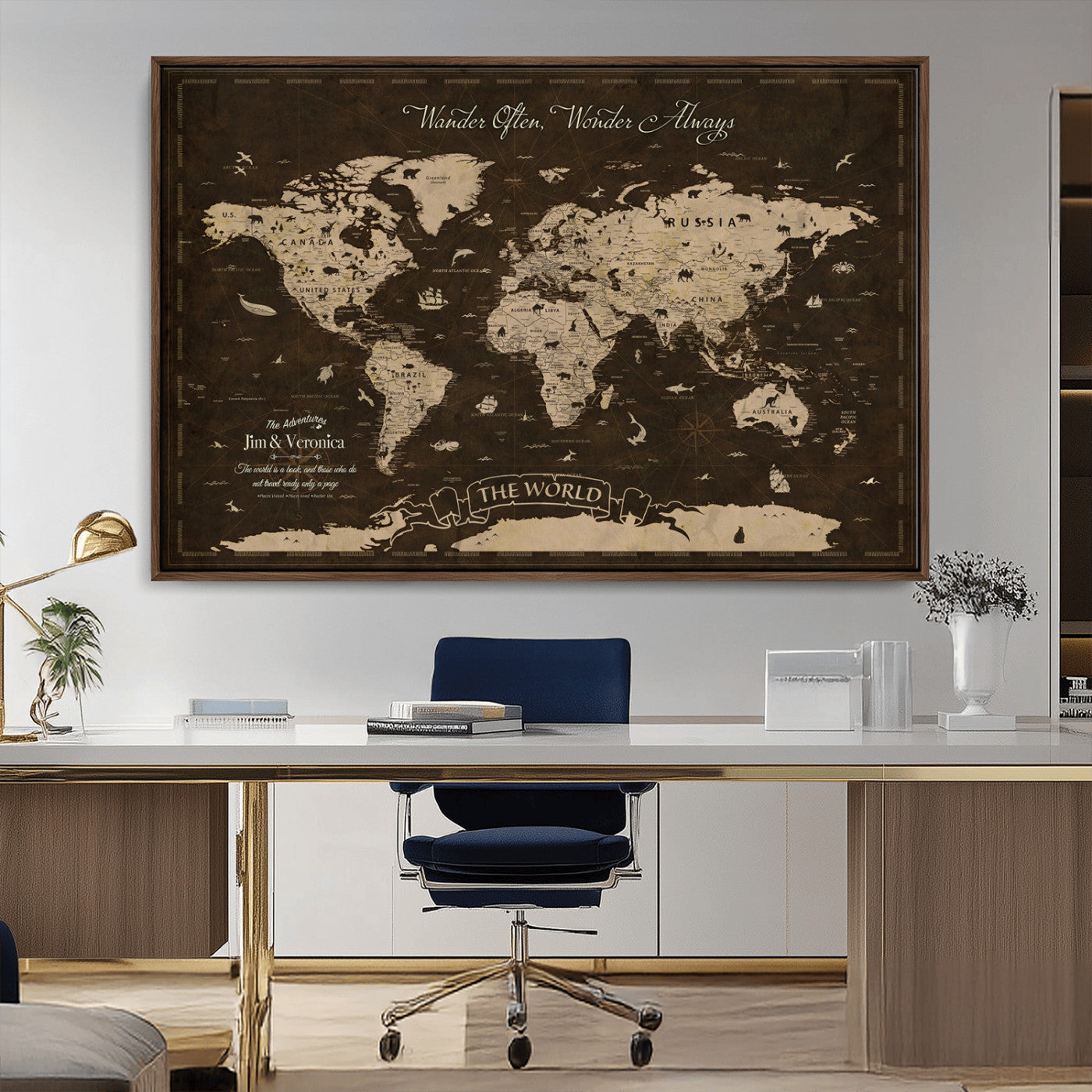47004909-MGV-CV-36X24-Customize Push Pin World Map Wall Art Canvas Print – Personalized Map for Kids Room – Framed Custom Animal Map for Stady Room Decor