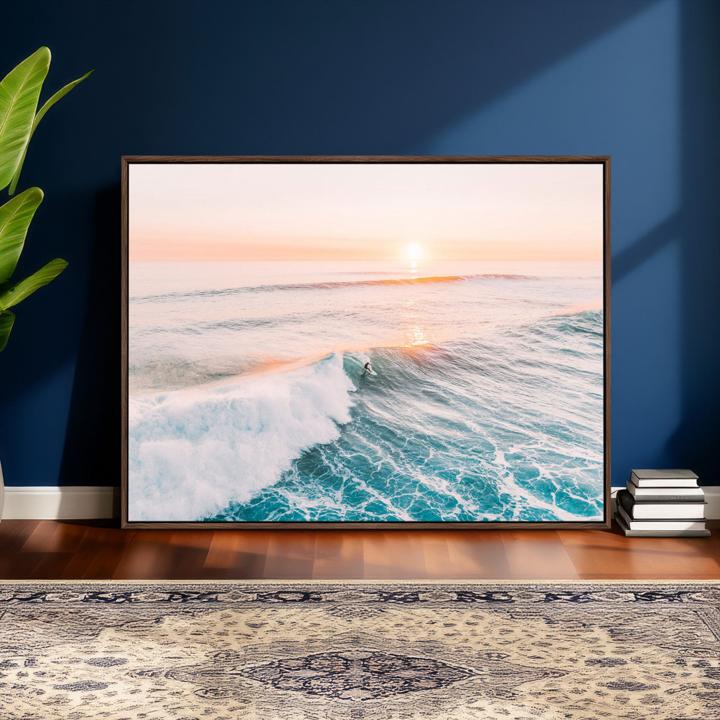 34064591-MGV-CV-36X24 - Sunset Surfing Wall Art Canvas Print, Ocean Wave Surfer with Golden Sky Artwork for Home, Office, Living Room