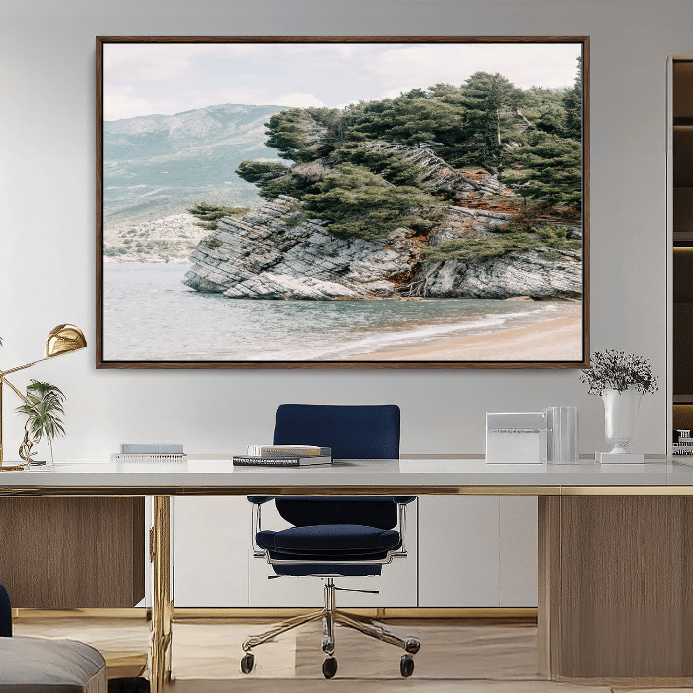 MGV-FC-36X24 - Coastal Rock Canvas Wall Art Print, Scenic Beach Landscape, Pine Trees on Rocky Cliff, Large Nature