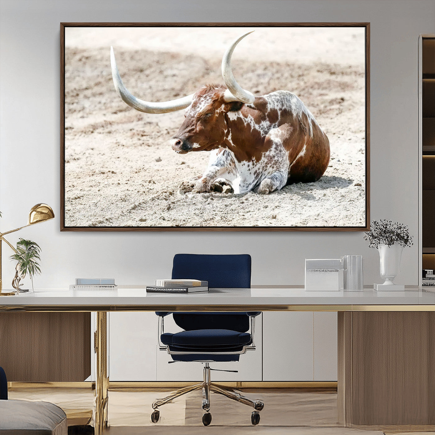 MGV-FC-36X24 - Majestic Longhorn Resting on Sunlit Desert Ground – Striking Western-Themed Wall Art Canvas Print