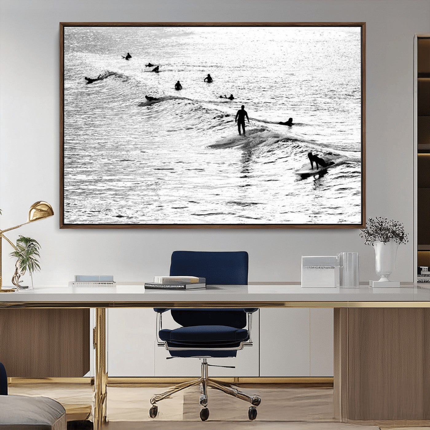 MGV-FC-36X24 - Black and White Surfers Riding Gentle Ocean Waves – Minimalist Coastal Photography Wall Art Canvas