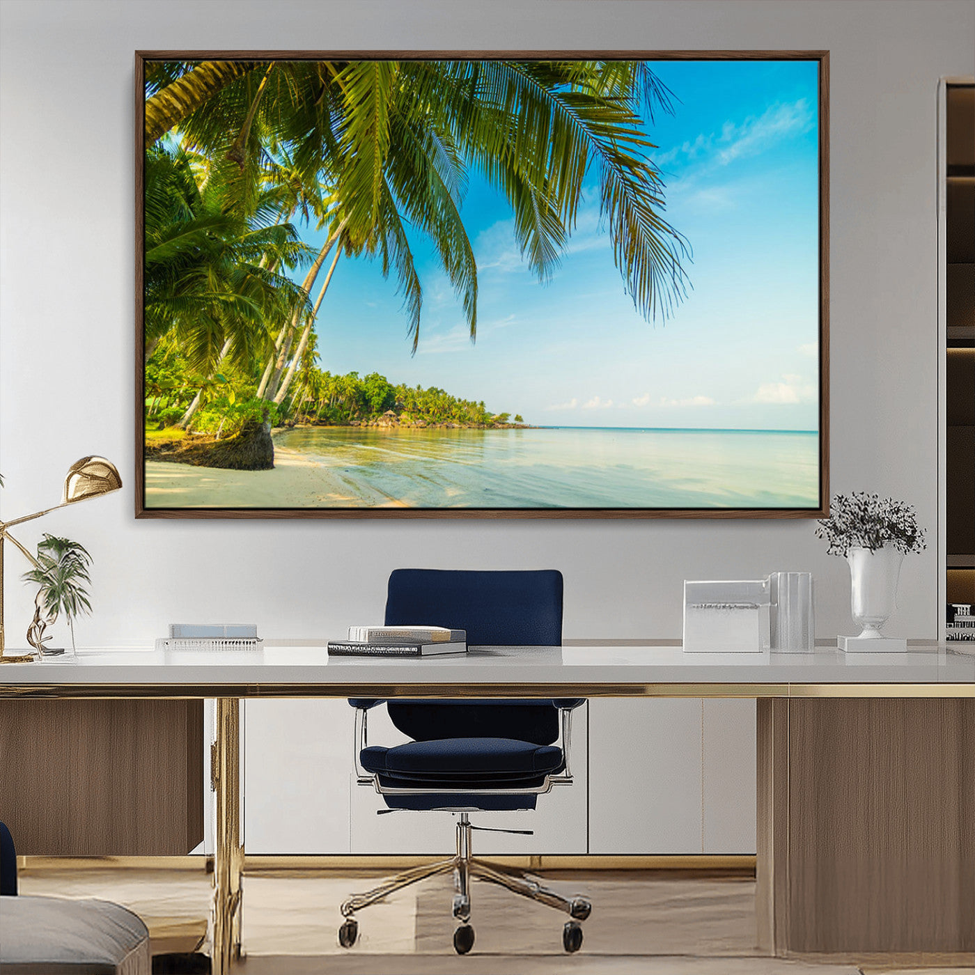 MGV-FC-36X24 - Peaceful Tropical Beach with Palm Trees and Calm Blue Sea – Serene Coastal Wall Art Canvas Print for