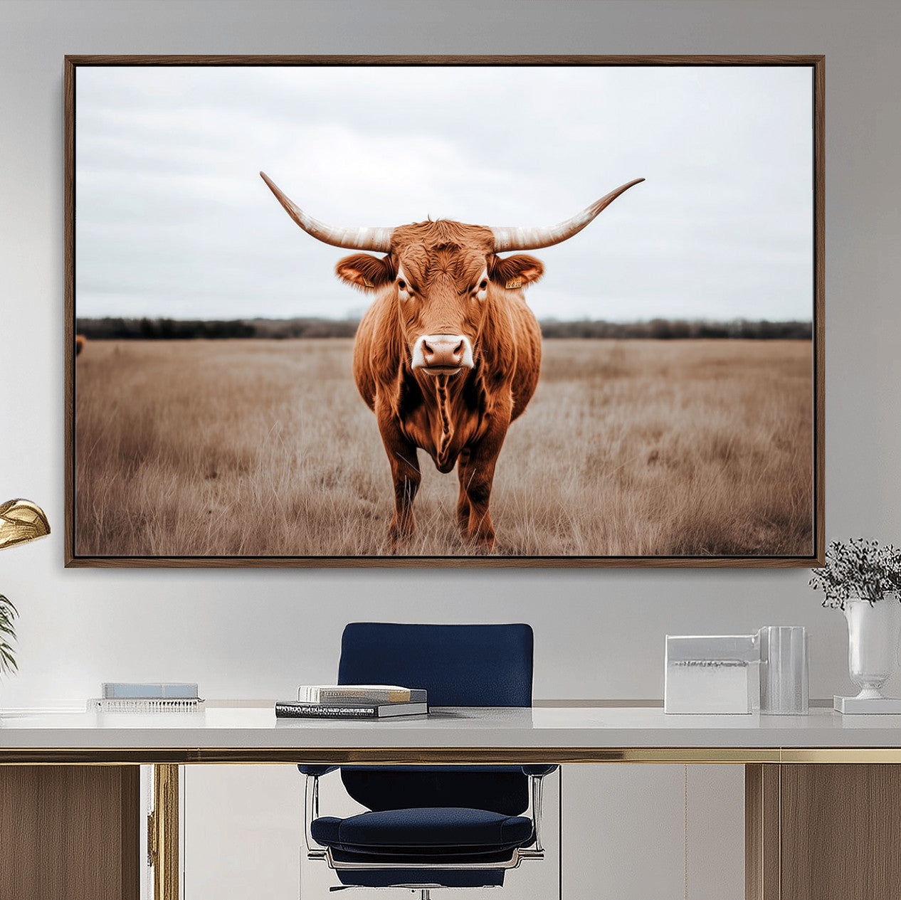 16316734-MGV-FC-36X24 - Longhorn bull, open field, rustic charm, natural beauty, Wall Art Canvas Print, countryside,