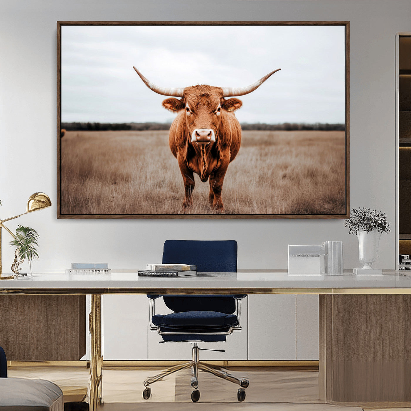 MGV-FC-36X24 - Longhorn bull, open field, rustic charm, natural beauty, Wall Art Canvas Print, countryside,