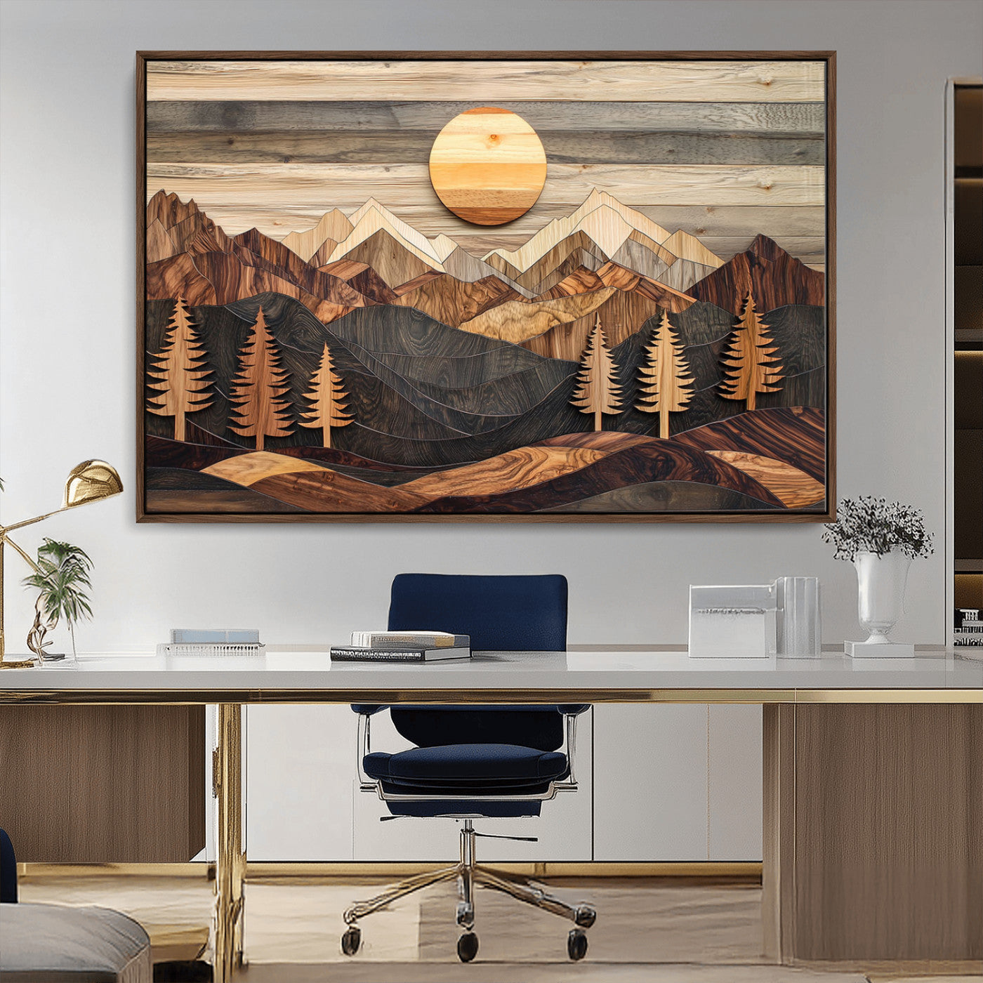 MGV-FC-36X24 - Wooden Mountain Layers Canvas Wall Art – Rustic Pine Tree Landscape with Sunlight Artistic Nature