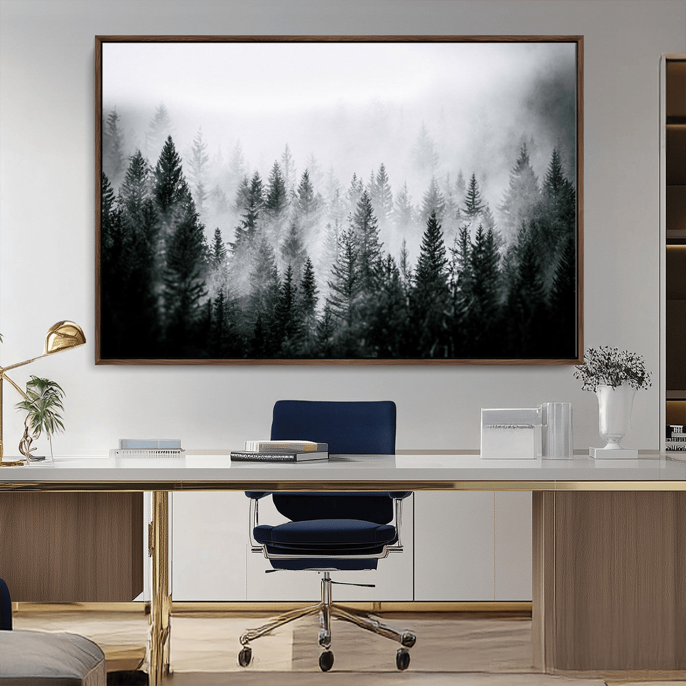 MGV-FC-36X24 - Foggy Pine Forest Canvas Wall Art – Black and White Nature Landscape Print, Horizontal Canvas for