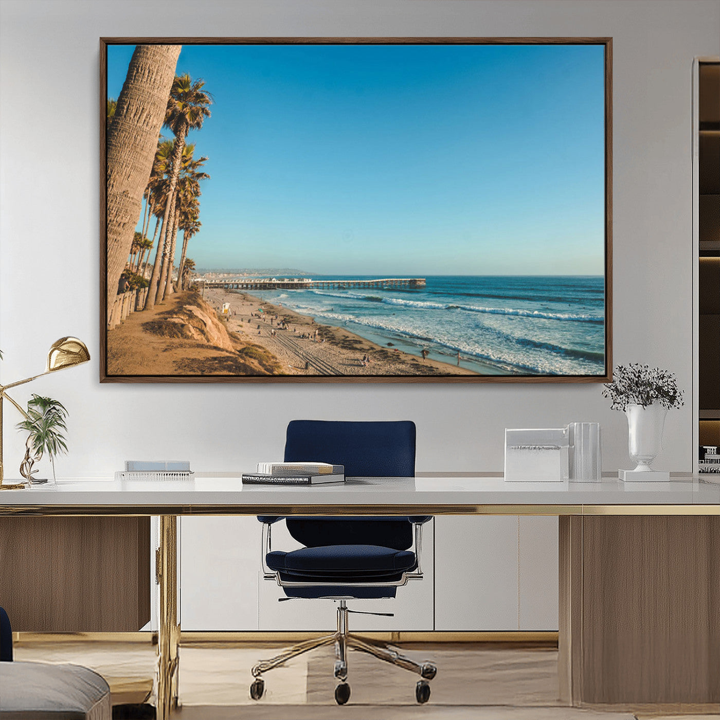 MGV-FC-36X24 - Scenic Beach with Tall Palm Trees, Sandy Shore, and Long Pier Stretching into the Calm Ocean Under