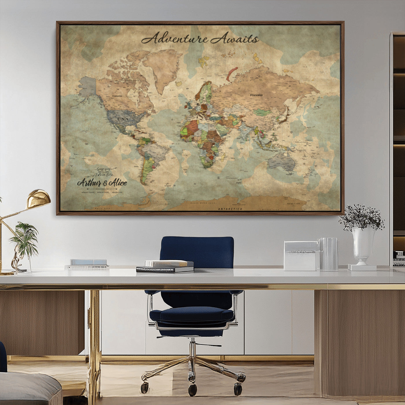 MGV-FC-36X24 - Personalized World Map Wall Art Canvas Print – Custom Push Pin Travel Map for Couples, Families, or Office Décor