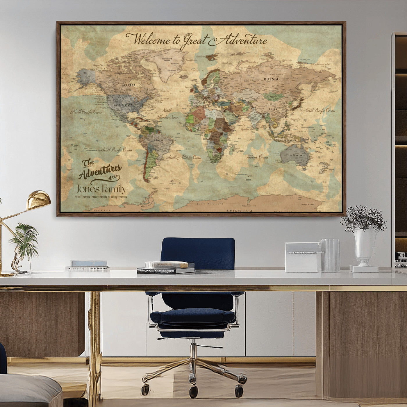 MGV-FC-36X24 - Personalized World Map Wall Art Canvas Print – Custom Push Pin Travel Map for Couples, Families, or Office Décor