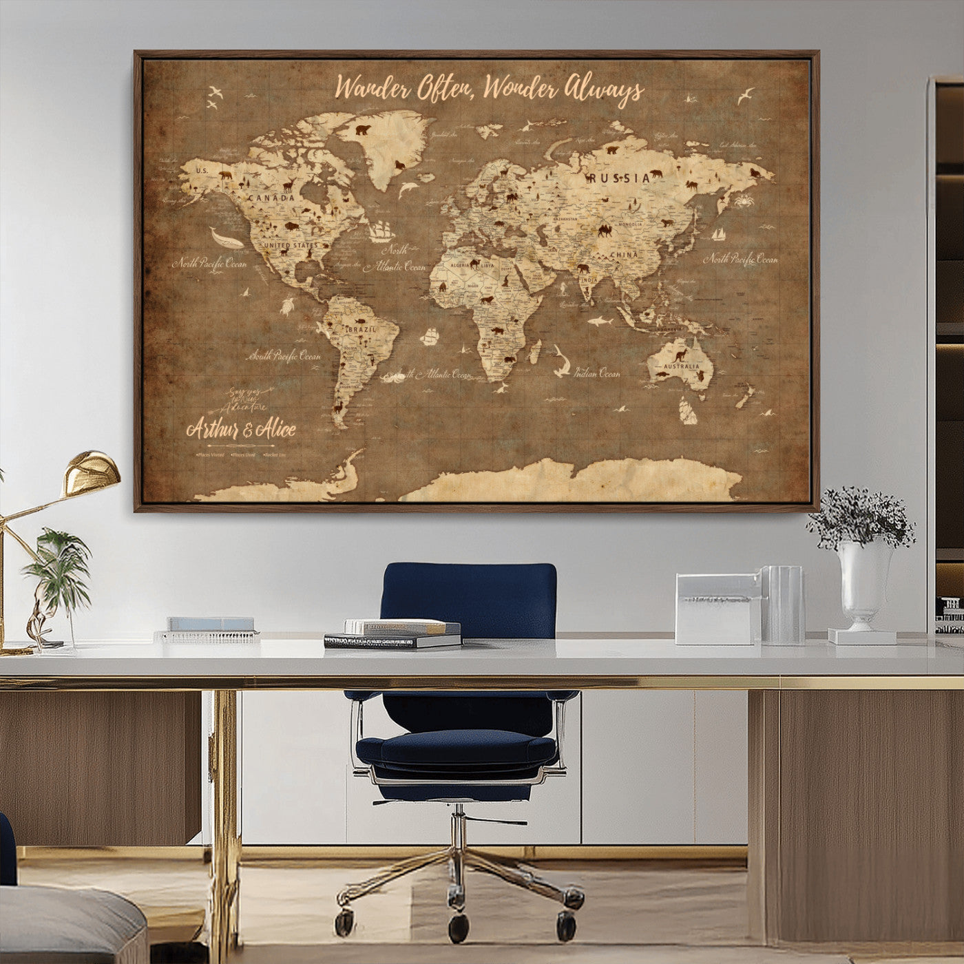 MGV-FC-36X24 - Personalized World Map Wall Art Canvas Print – Custom Push Pin Travel Map for Couples, Families, or Office Décor
