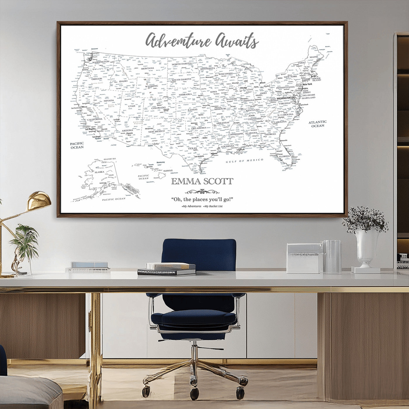 MGV-FC-36X24 - Personalized US Map Wall Art Canvas Print – Custom Push Pin Travel United States US Map for Couples, Families, or Office Décor