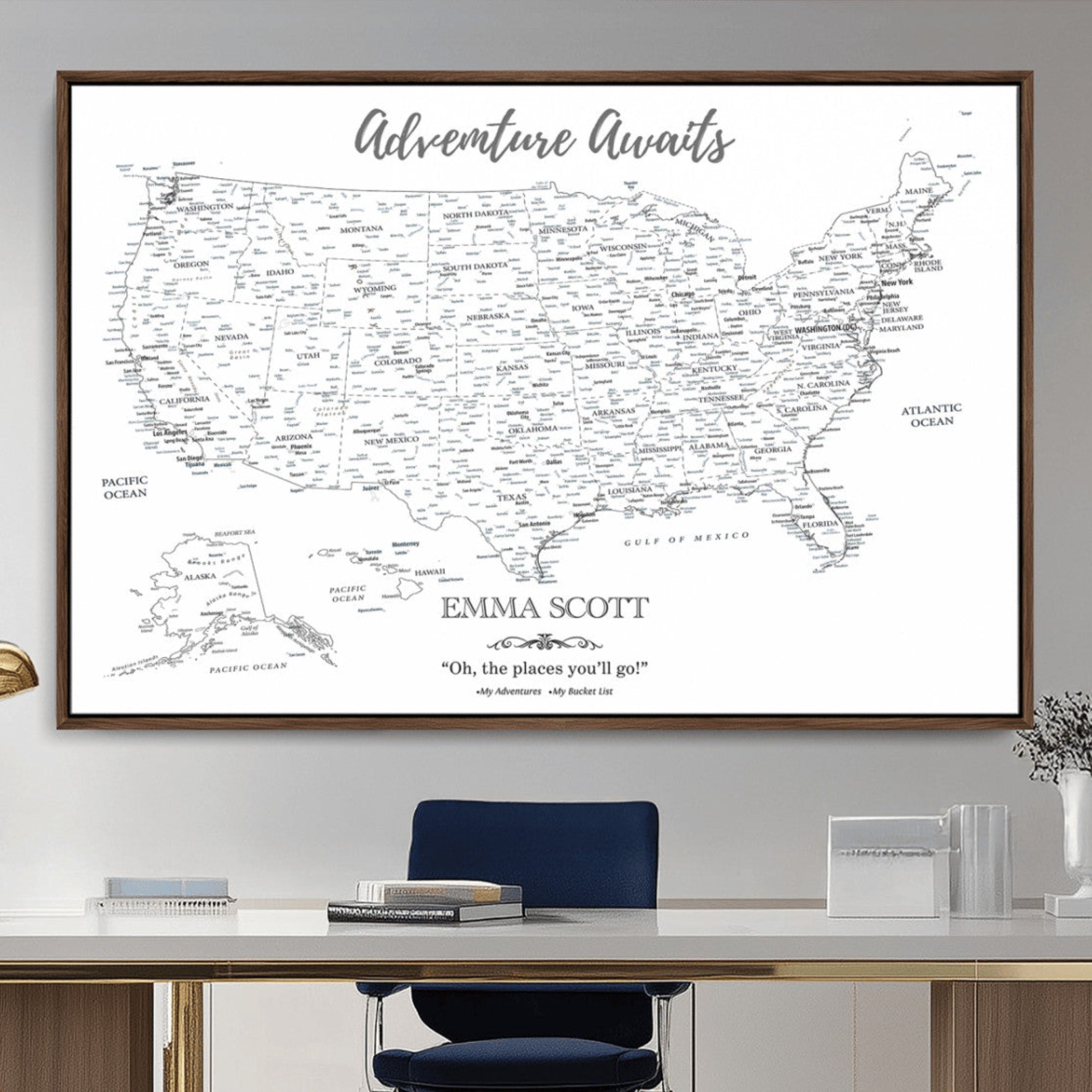 MGV-FC-36X24 - Personalized US Map Wall Art Canvas Print – Custom Push Pin Travel United States US Map for Couples, Families, or Office Décor