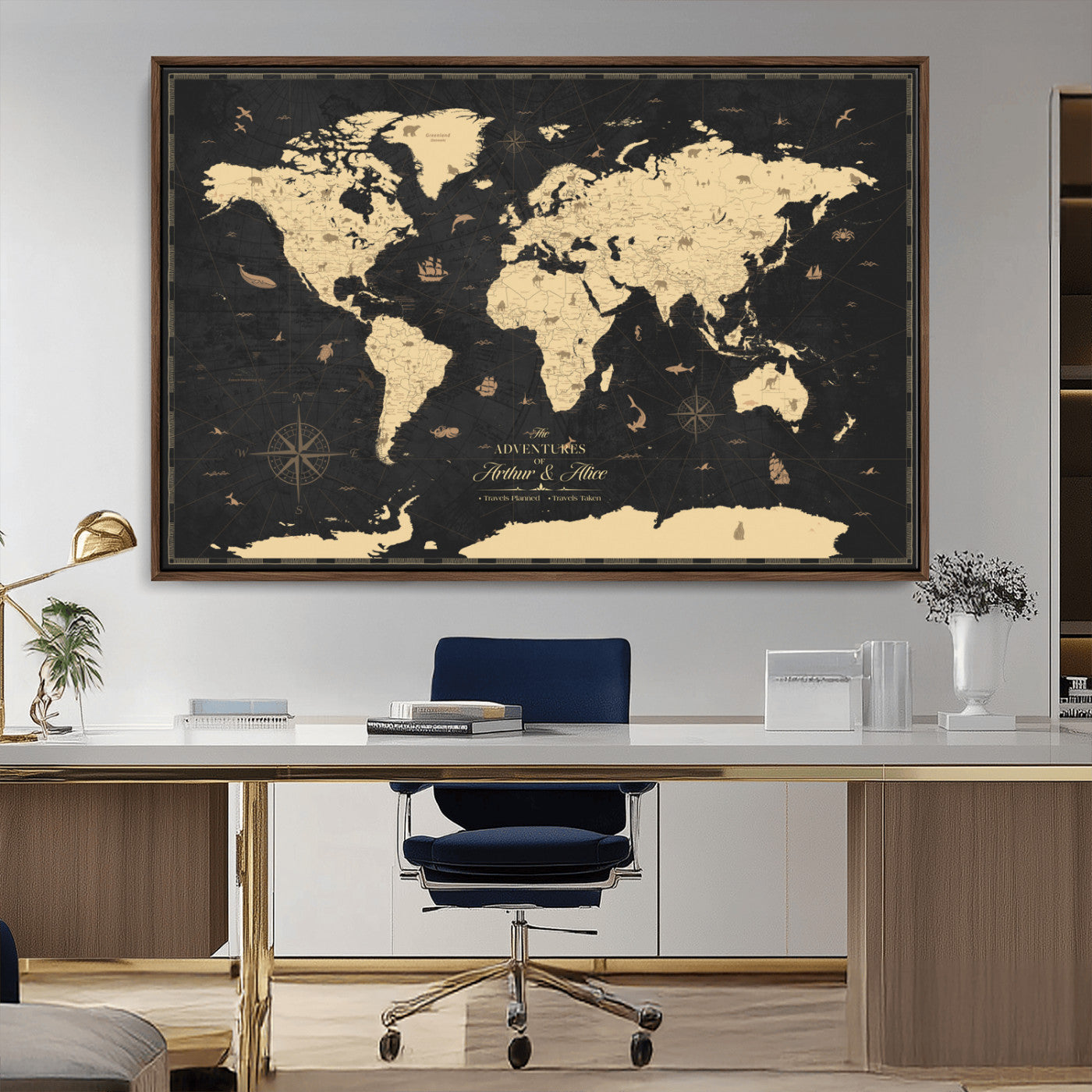 MGV-FC-36X24 - Personalized World Map Wall Art Canvas Print – Custom Push Pin Travel Map for Couples, Families, or Office Décor