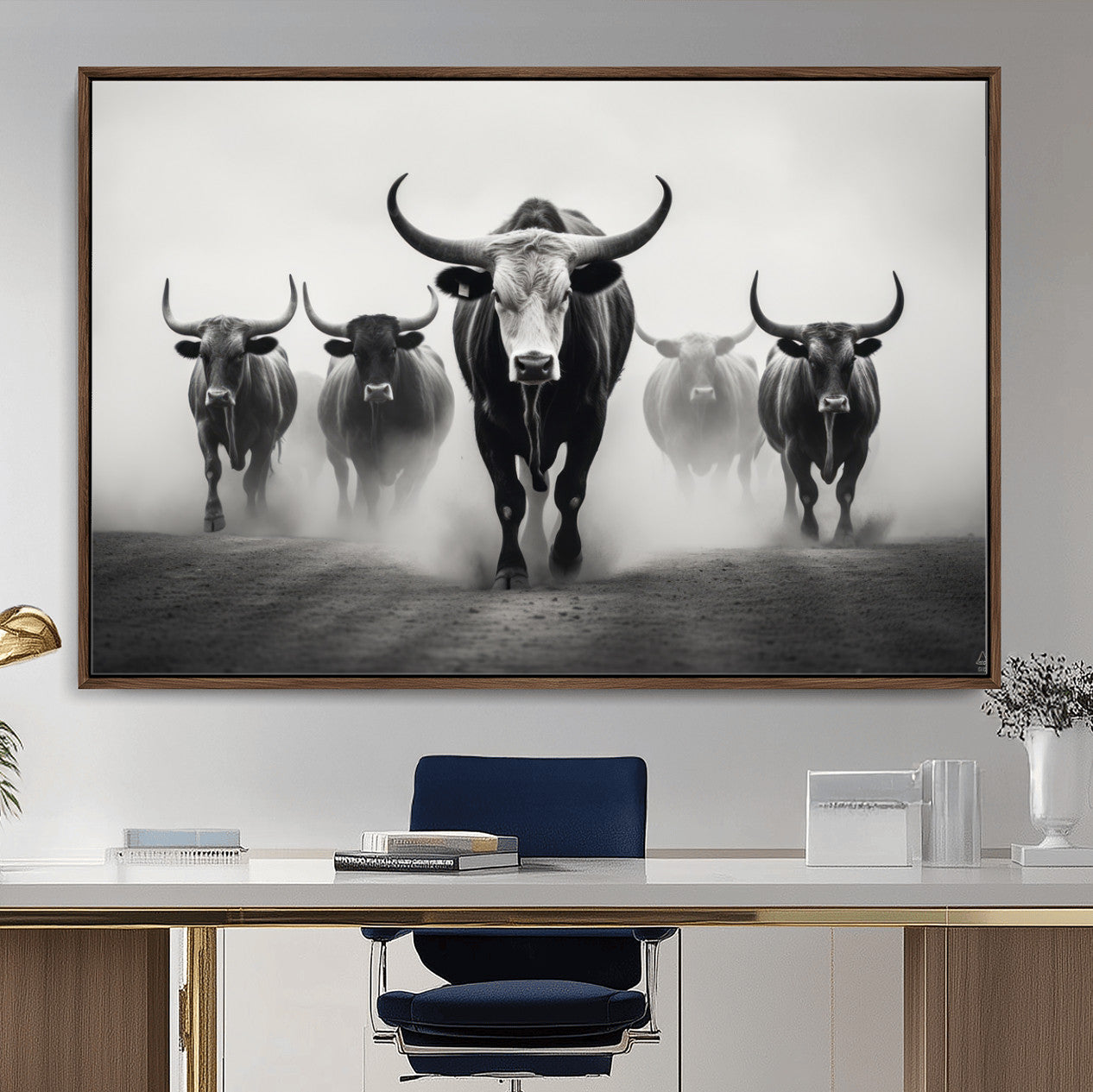 N34534C-MGV-FC-36X24 - Texas Bighorn Cow Hern Wall Art Canvas Print, Longhorn Cow Large Wall Art