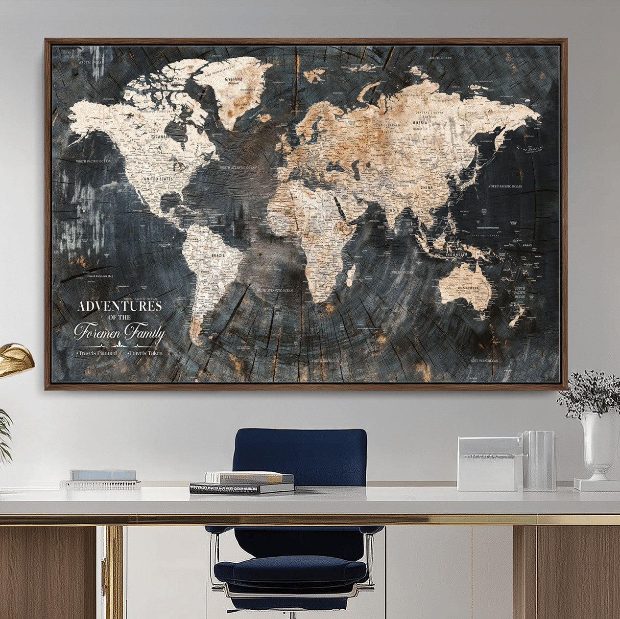 58265369-MGV-FC-36X24 - Customized Push Pin World Map Wall Art Canvas Print with Pins, Personalized Travel Tracker Map, Framed World Map for Living Room, Office and Home Decor