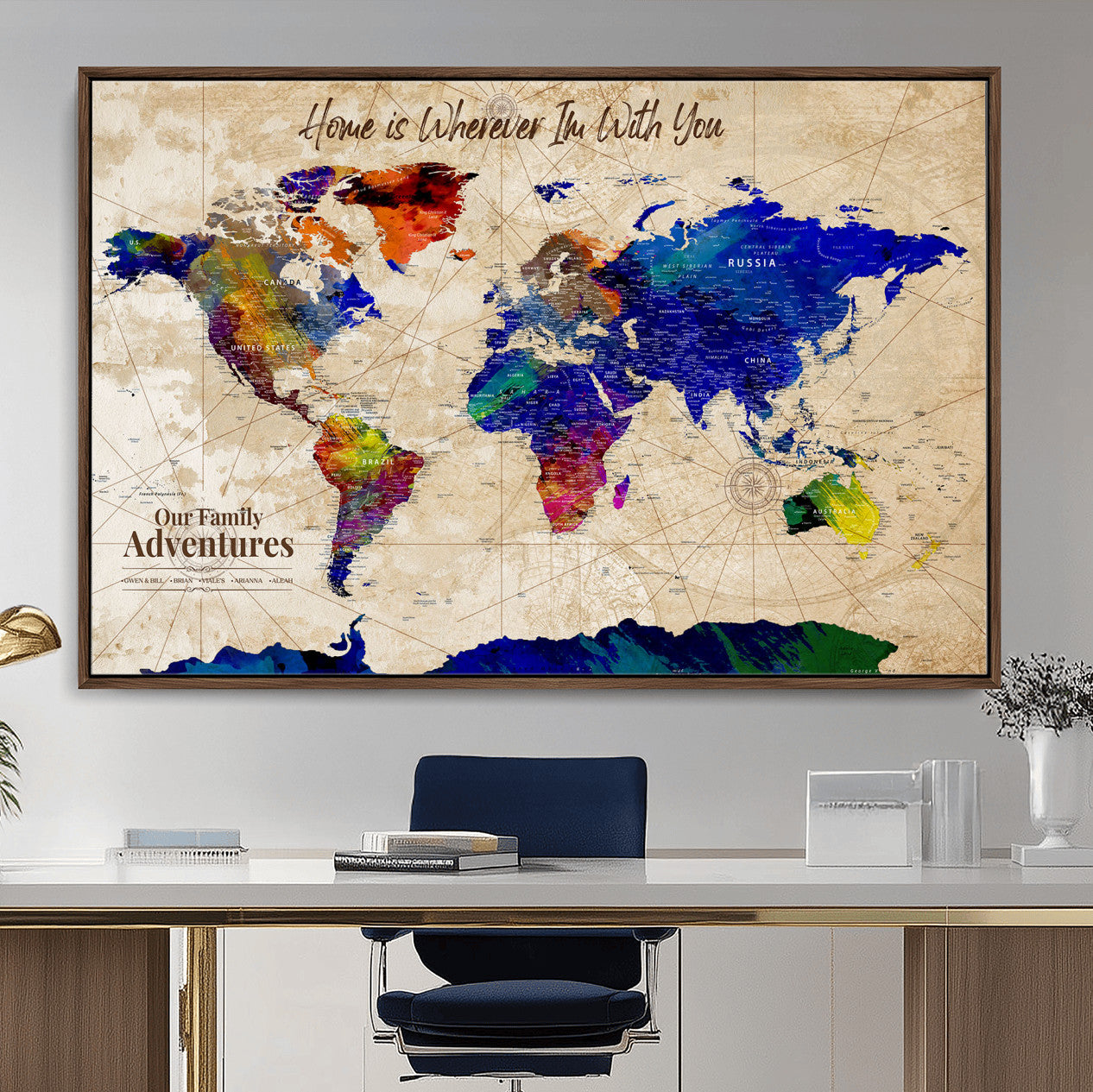 42795268-MGV-FC-36X24 - Personalized Push Pin World Map Canvas Print – Custom Adventure Travel Map, Framed Wall Art Gift for Couples or Family