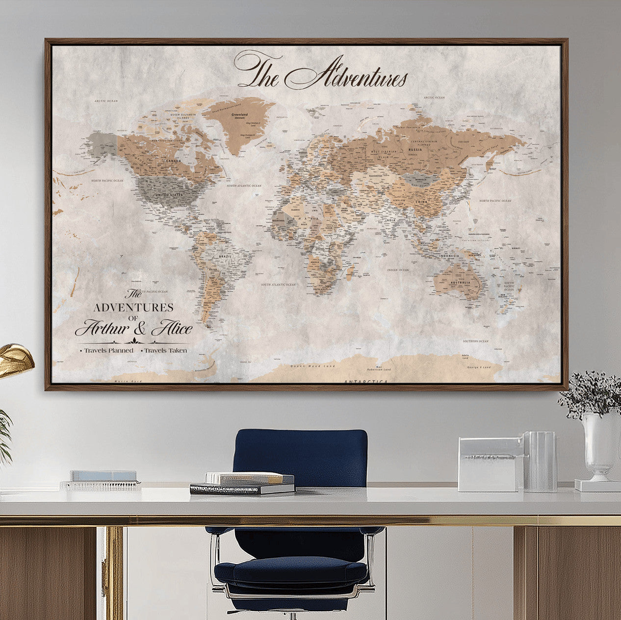 91774967-MGV-FC-36X24 - Personalized Push Pin World Map Canvas Print – Custom Framed Travel Tracker Artwork for Couples or Home Decor