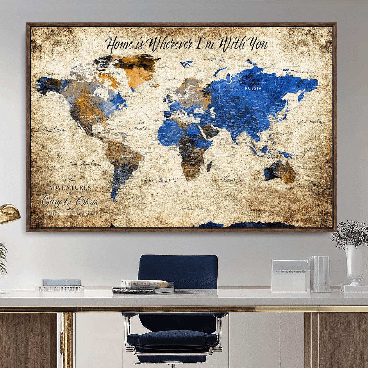 20854758-MGV-FC-36X24 - Personalized Push Pin World Map Canvas Print – Custom Framed Travel Tracker Artwork with Pins for Home and Office Decor