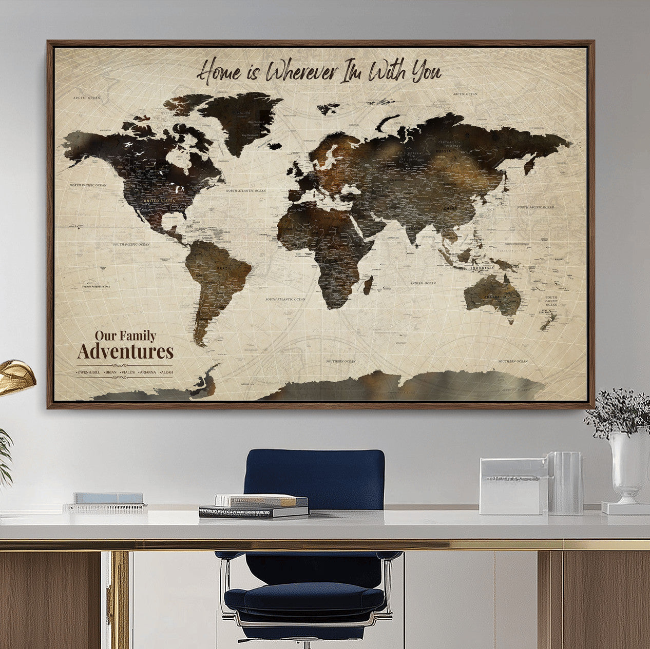 57979837-MGV-FC-36X24 - Personalized Push Pin World Map Canvas Print – Custom Framed Travel Tracker Wall Art Large Map Artwork for Home, Office