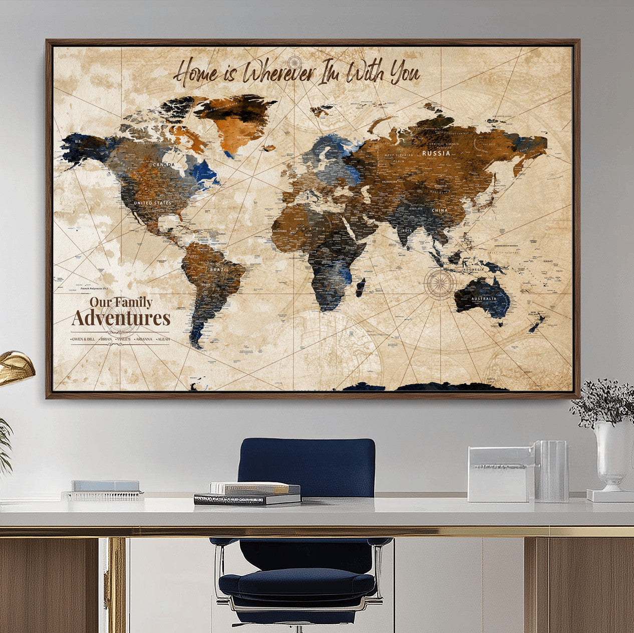 37709027-MGV-FC-36X24 - Customized Push Pin World Map Wall Art Canvas Print with Pins, Vintage Personalized Travel Tracker Map, Framed World Map for Living Room, Office and Home Decor