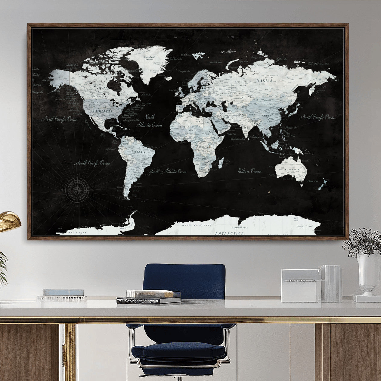 30759283-MGV-FC-36X24 - World Map Wall Art Canvas Print, Modern Decorative Framed Map Artwork Prints for Living Room, Office, Bedroom Wall Decor