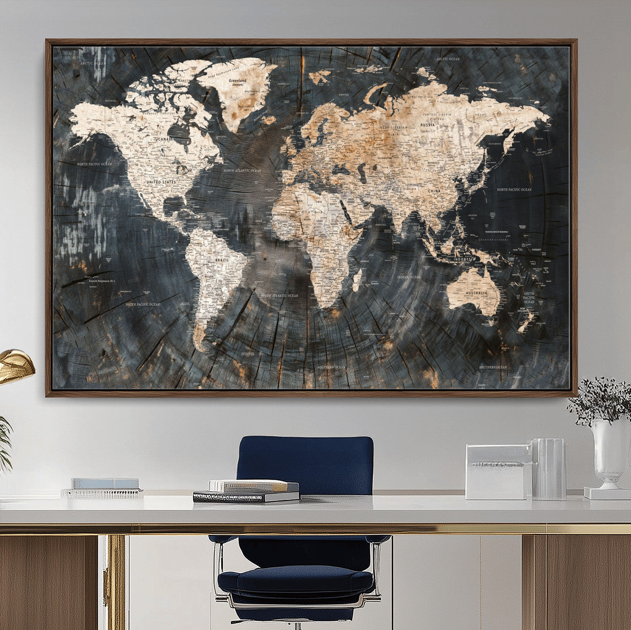 57626704-MGV-FC-36X24 - World Map Wall Art Canvas Print, Modern Decorative Framed Map Artwork Prints for Living Room, Office, Bedroom Wall Decor