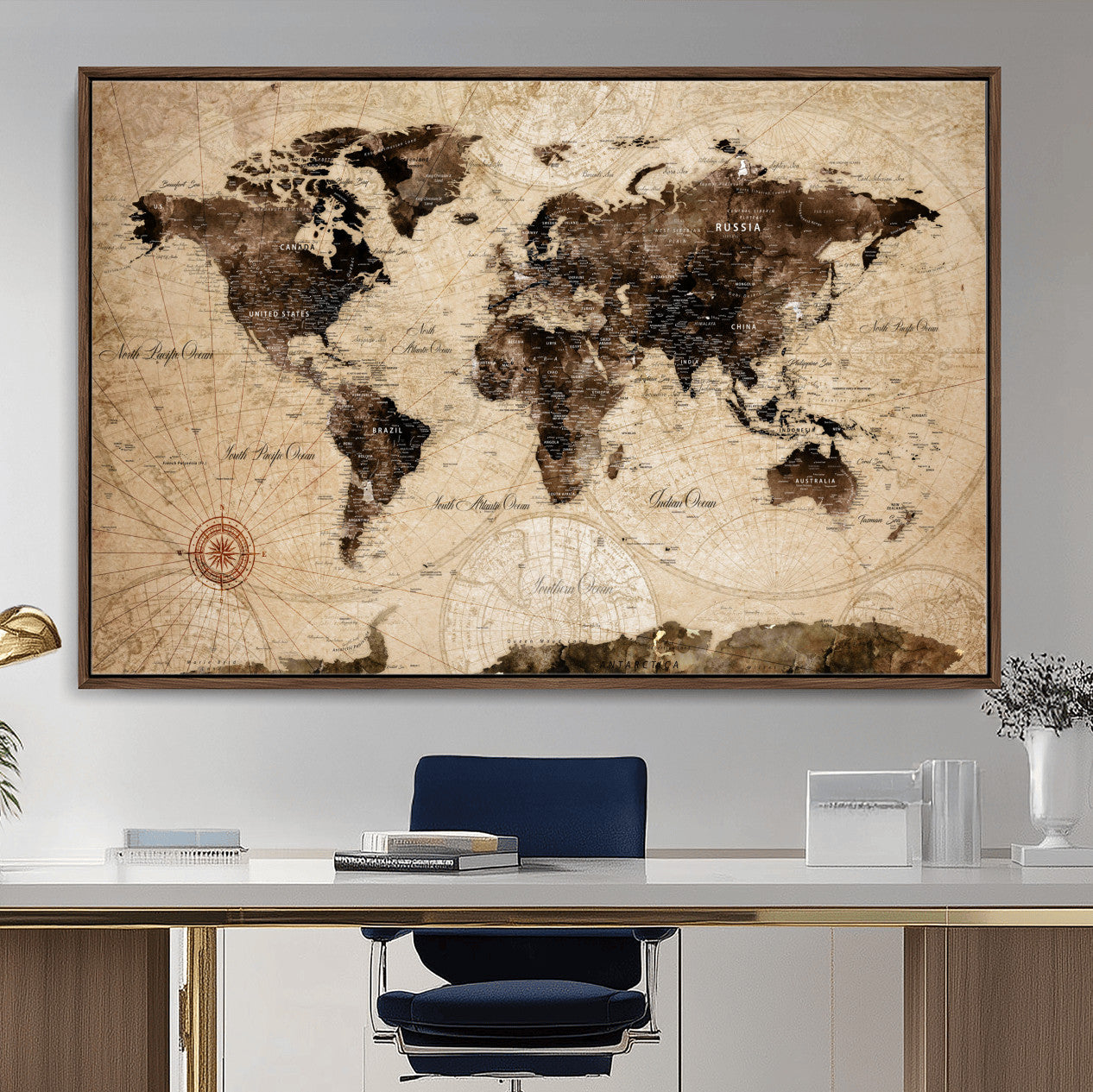 97114757-MGV-FC-36X24 - World Map Wall Art Canvas Print, Modern Decorative Framed Map Artwork Prints for Living Room, Office, Bedroom Wall Decor
