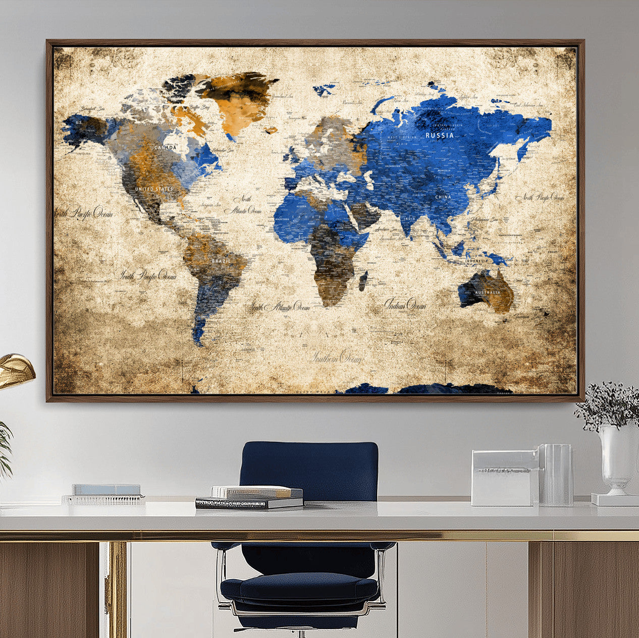 13564339-MGV-FC-36X24 - World Map Wall Art Canvas Print, Modern Decorative Framed Map Artwork Prints for Living Room, Office, Bedroom Wall Decor