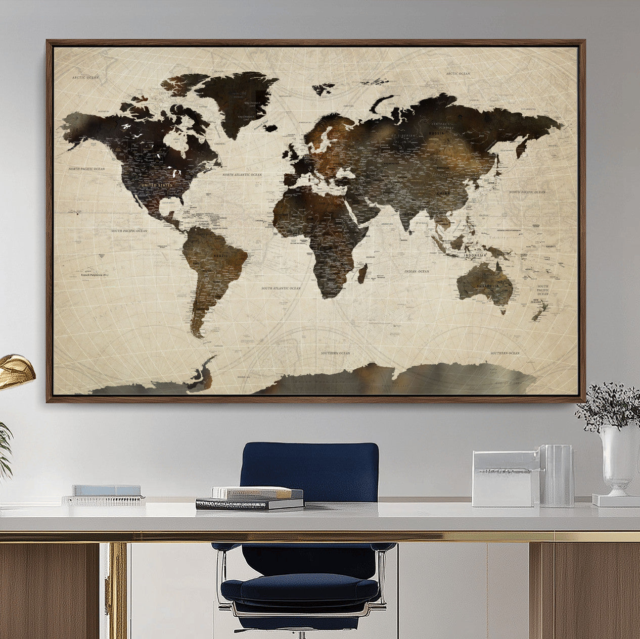 81771296-MGV-FC-36X24 - World Map Wall Art Canvas Print, Modern Decorative Framed Map Artwork Prints for Living Room, Office, Bedroom Wall Decor