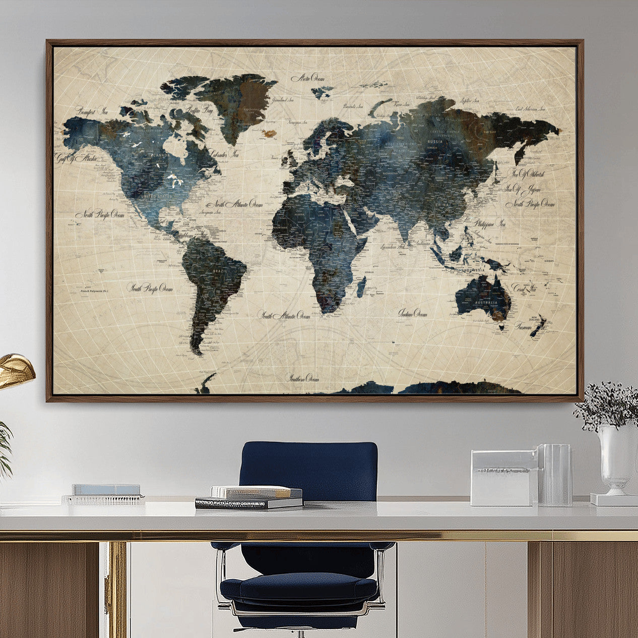 33438443-MGV-FC-36X24 - World Map Wall Art Canvas Print, Modern Decorative Framed Map Artwork Prints for Living Room, Office, Bedroom Wall Decor