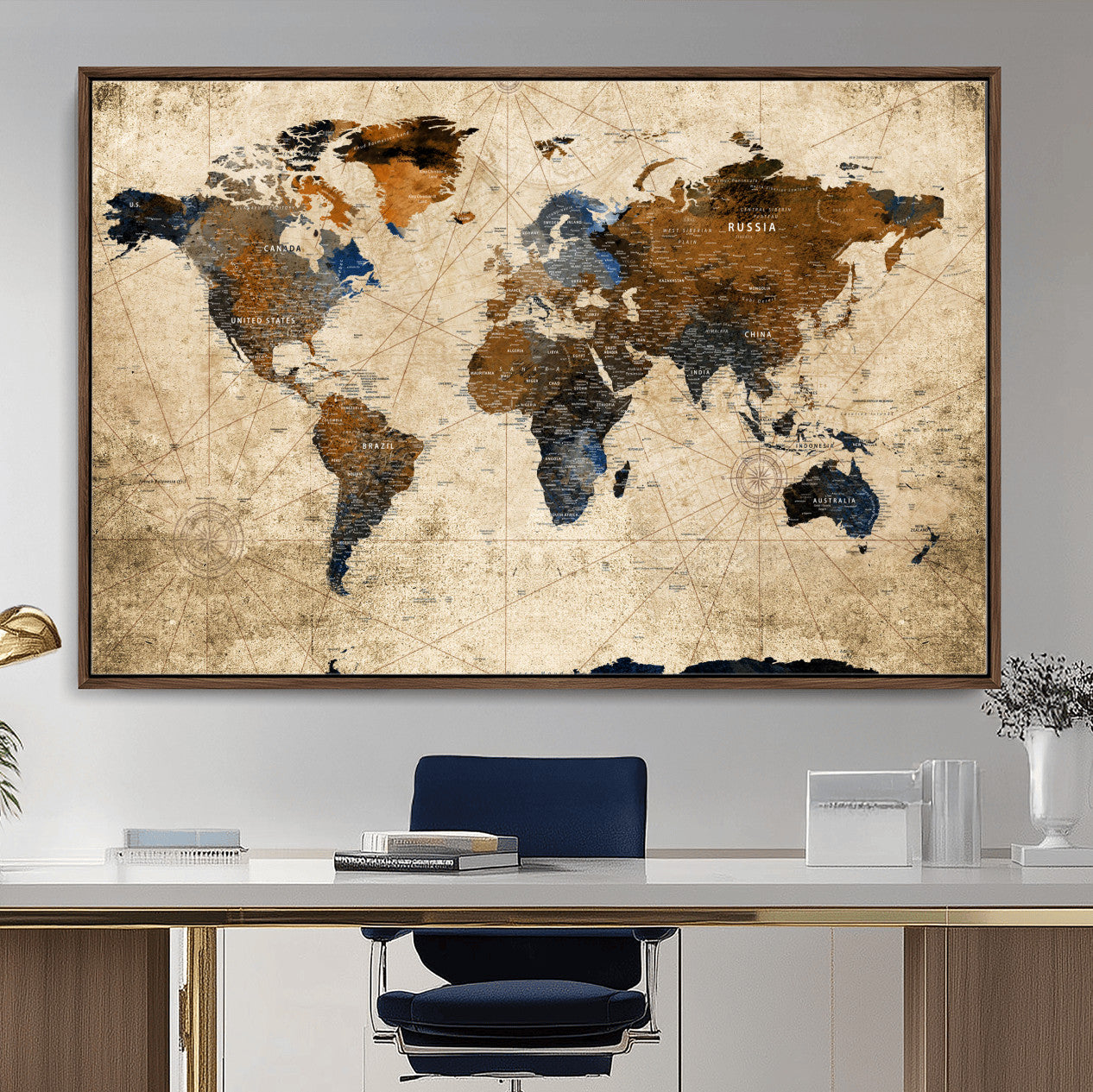 56297284-MGV-FC-36X24 - World Map Wall Art Canvas Print, Modern Decorative Framed Map Artwork Prints for Living Room, Office, Bedroom Wall Decor