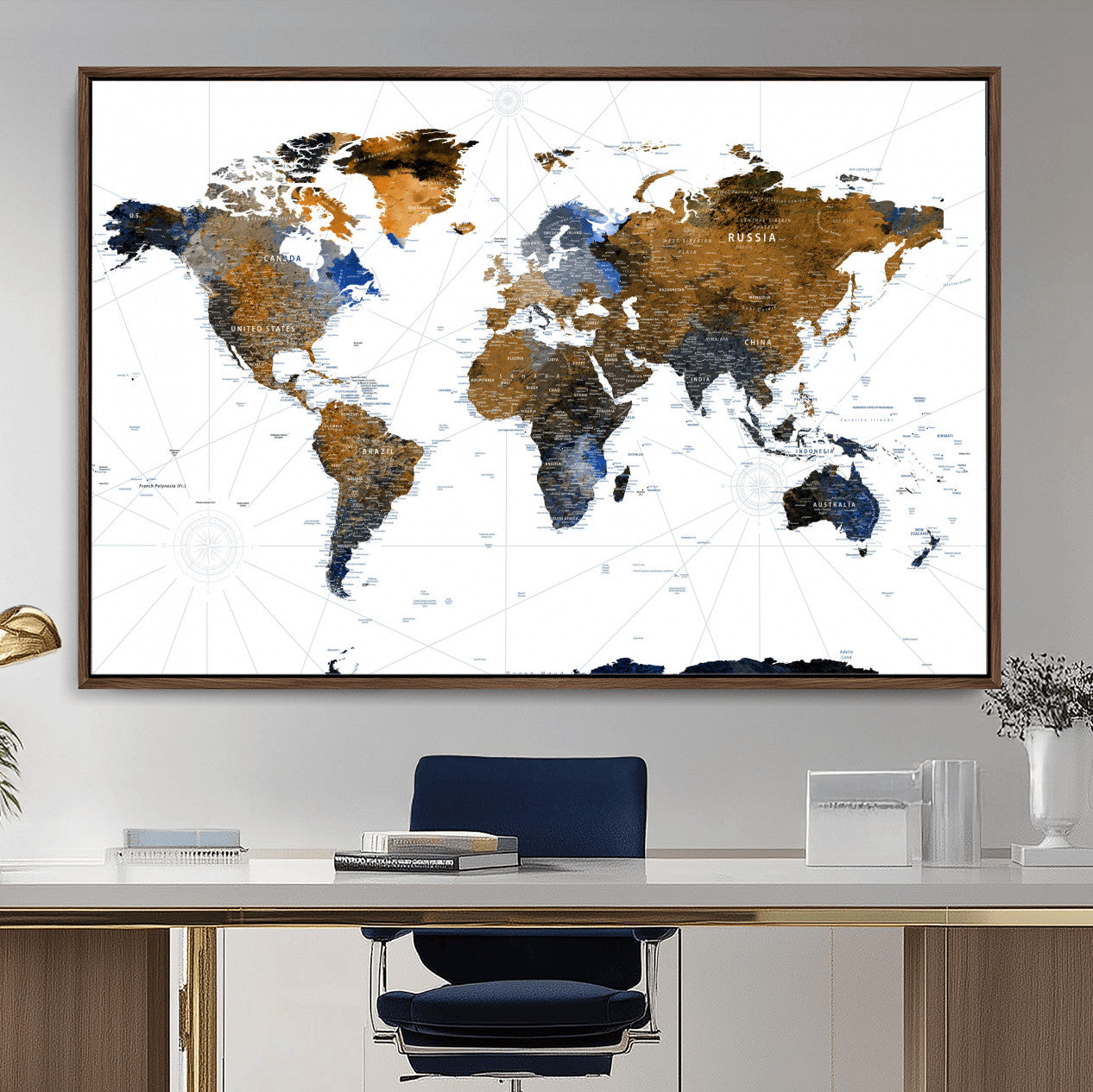 40862517-MGV-FC-36X24 - World Map Wall Art Canvas Print, Modern Decorative Framed Map Artwork Prints for Living Room, Office, Bedroom Wall Decor