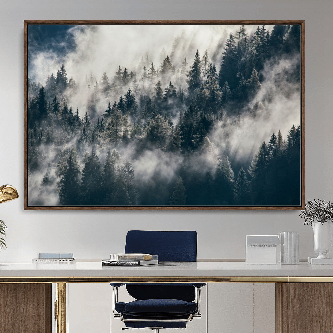 270372951-MGV-FC-36X24 - Misty Pine Forest Canvas Wall Art – Dark Forest Mountaing and Nature Landscape Print, Horizontal Canvas Print