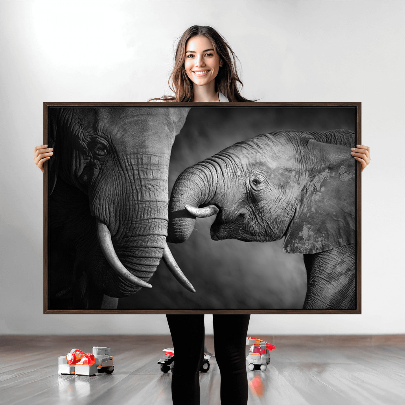 42691-MGV-CV-36X24-Elephant Family Wall Art Canvas, Framed Elephant Family Canvas Print