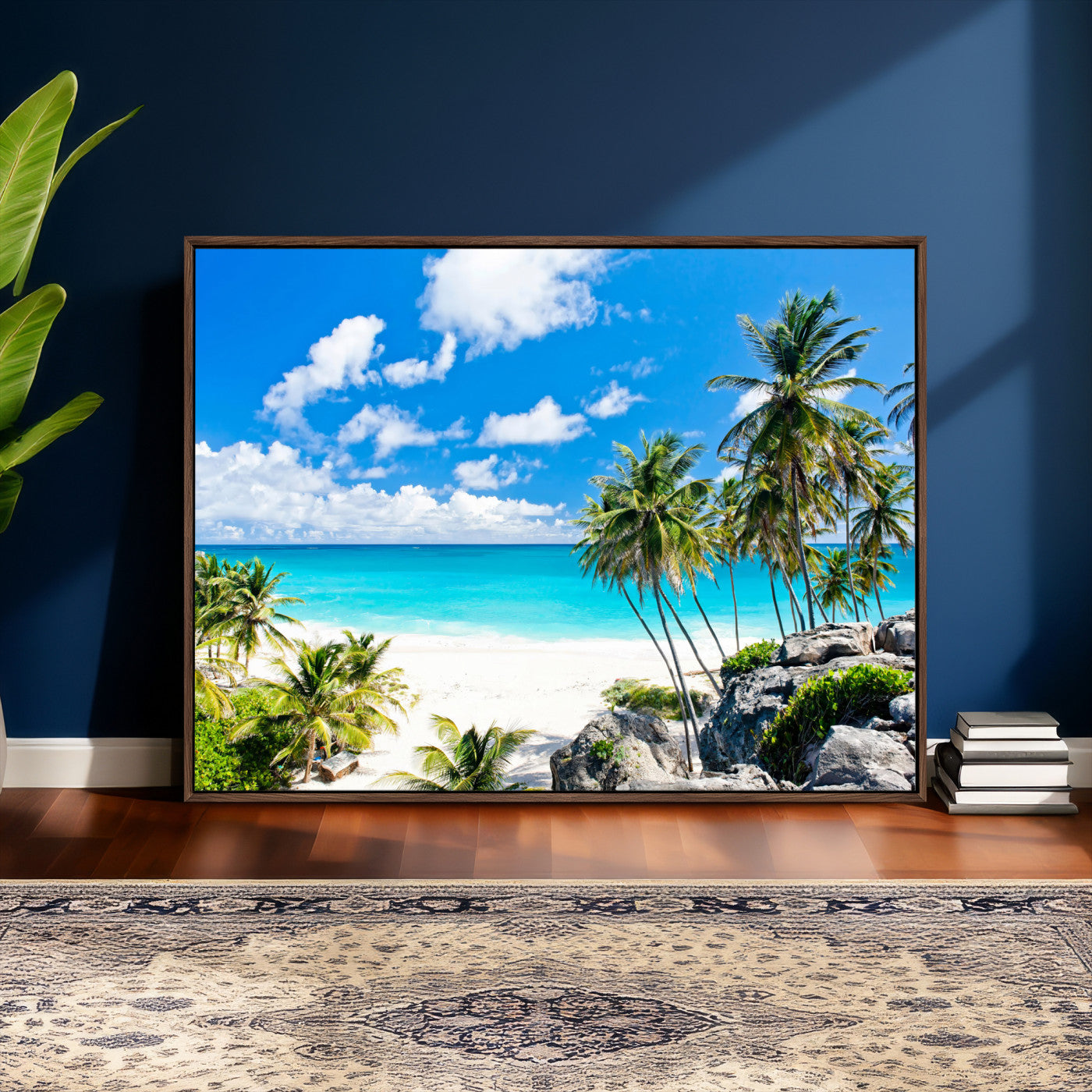 29232878-MGV-CV-36X24 - Barbados Beach Wall Art Canvas Print, Palm Tree Ocean Landscape, Turquoise Sea Coastal Photography, Tropical Island Wall Decor, Framed Ready to Hang