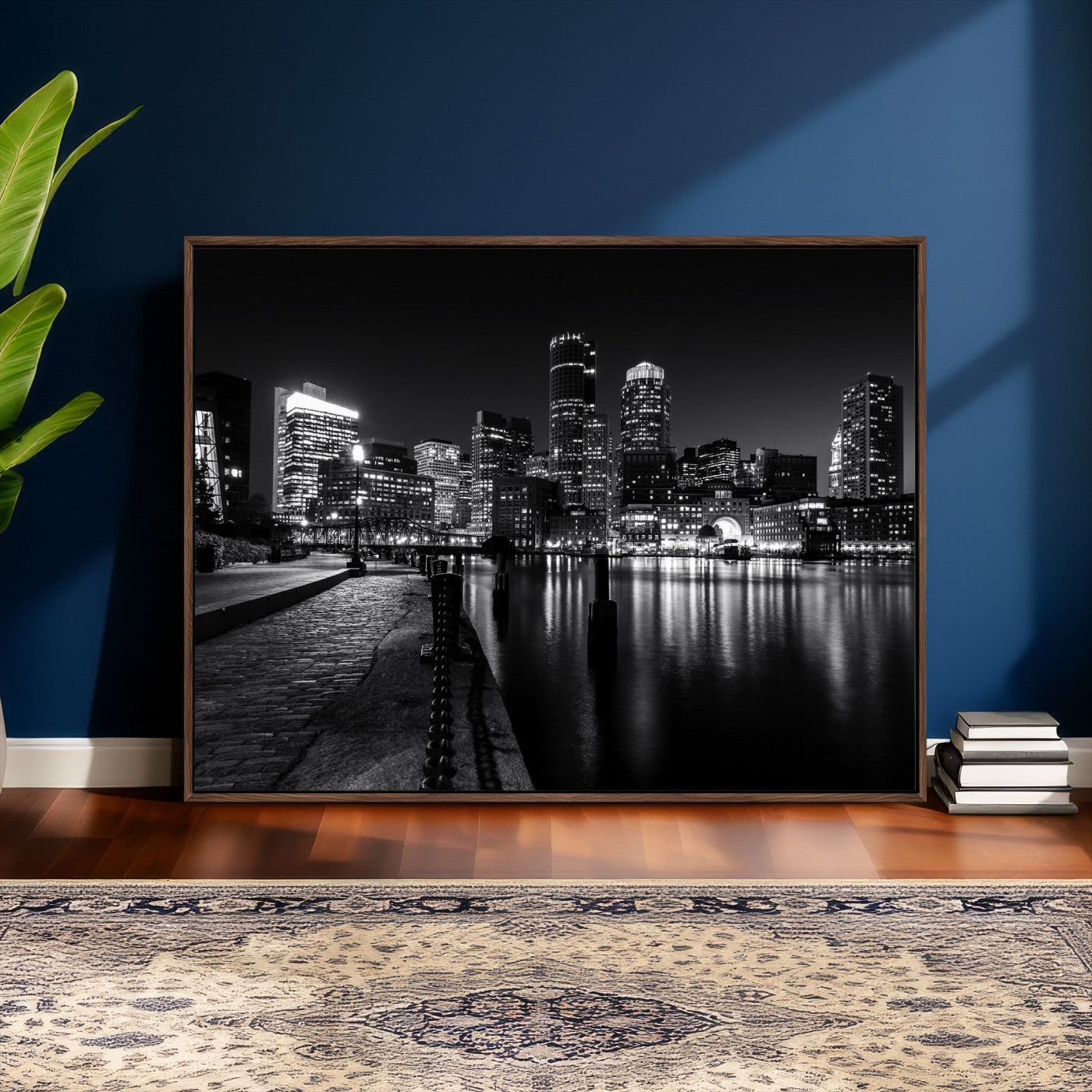 53082656-MGV-CV-36X24 - Boston Wall Art Canvas Print, Boston City Downtown Night Cityscape Print for Modern Urban Wall Decor